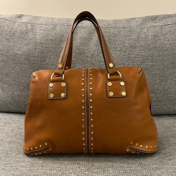 NEW Vintage Michael Kors Astor Studded Leather Satchel Bag Camel Gold Hardware - Picture 5 of 16